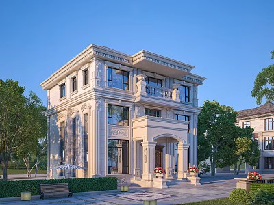Elegant Detached Villa Exterior With Classic Design Large Windows Balcony And Lush Garden 3d model