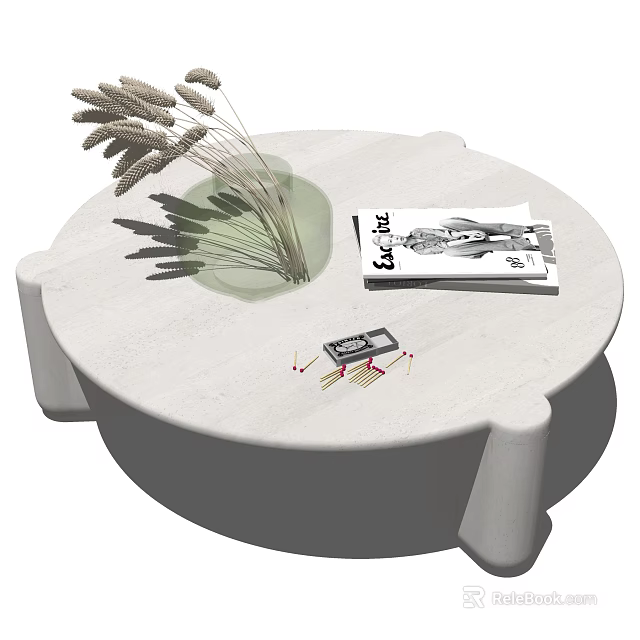 Round White Coffee Table With Dried Grass Magazine And Small Box 3d model