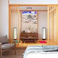 Hotel Guest Room Interior With Blue White Red Fan Shaped Decoration Wooden Nightstand And Chair