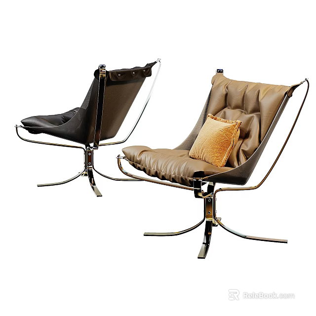Modern Leather Leisure Chairs Black And Brown With Yellow Cushion On Metal Swivel Base 3d model 