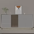 Modern White Entryway Side Cabinet With Drawers Open Shelf Green Plant And Decorative Painting