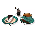Tableware Set Including Green Coffee Cup Cake Slice Plate And Coffee Grinder With Beans 3d model