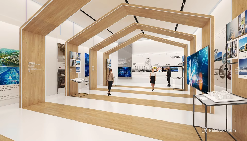 Modern Exhibition Hall With Wooden Arched Frames Large Screens And Visitors 3d model 