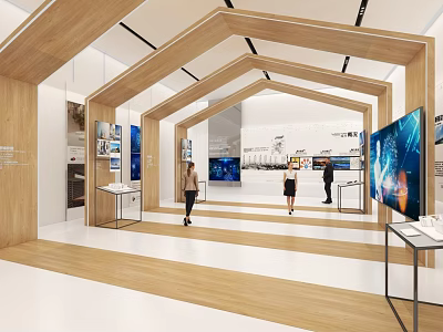 Modern Exhibition Hall With Wooden Arched Frames Large Screens And Visitors 3d model