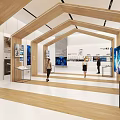 Modern Exhibition Hall With Wooden Arched Frames Large Screens And Visitors