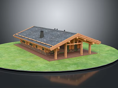 Wooden Residential House Featuring Sloped Tile Roof Chimney and Front Porch Columns on Green Lawn 3d model