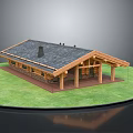 Wooden Residential House Featuring Sloped Tile Roof Chimney and Front Porch Columns on Green Lawn