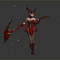 Elaborate Red Outfit Female Game Movie Character With Demon Horns And Staff Weapon