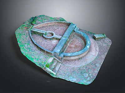 Antique Stone Mill With Circular Grinding Disc Metal Frame And Mossy Base 3d model
