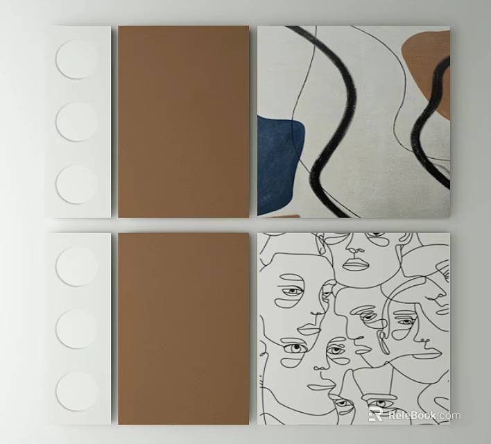 Modern Abstract Wall Art With Brown Blue Tones And Line Face Designs 3d model 