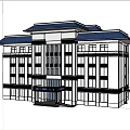White Public Building with Blue Roof Emblem Trees Flowers and People Walking Around