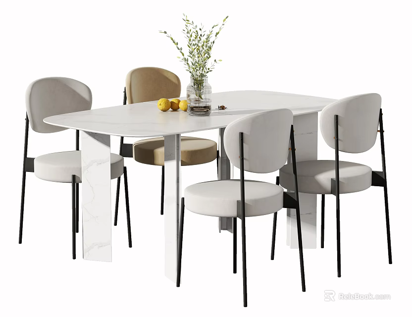 Modern Dining Table Set White Rectangular Top Gray Beige Chairs Black Legs Vase Plants Fruits 3d model 
