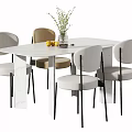 Modern Dining Table Set White Rectangular Top Gray Beige Chairs Black Legs Vase Plants Fruits 3d model