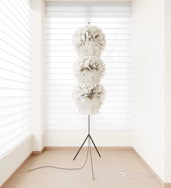 White Three Tiered Feather Floor Lamp In Bright Room With Blinds 3d model 