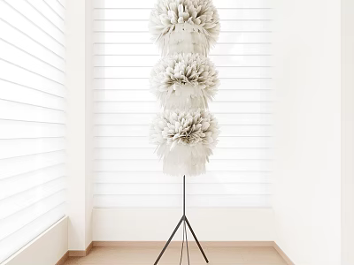White Three Tiered Feather Floor Lamp In Bright Room With Blinds 3d model