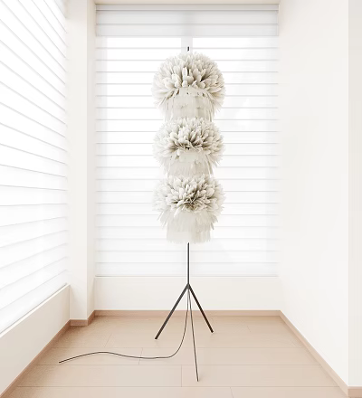 White Three Tiered Feather Floor Lamp In Bright Room With Blinds 3d model