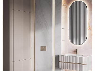 Sleek Modern Bathroom Vanity With Oval Mirror And Marble Wall Design 3d model