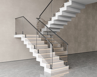 Modern Glass Handrail Stairs Corner Stairs Glass Railing Stainless Steel Handrail Marble Stairs 3d model