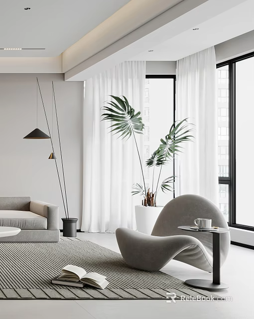 Modern Lounge Chair In Bright Living Room With Large Windows White Curtains And Green Plants 3d model 