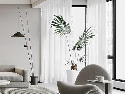 Modern Lounge Chair In Bright Living Room With Large Windows White Curtains And Green Plants 3d model