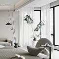 Modern Lounge Chair In Bright Living Room With Large Windows White Curtains And Green Plants