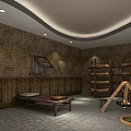 Large Woven Spherical Sculpture in Indoor Space with Stone Walls Wooden Railings and Green Plants