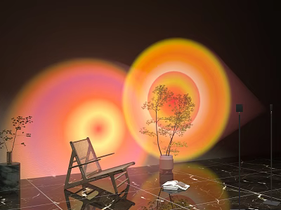 Modern Floor Lamp Creating Colorful Light Circles In Interior With Wooden Chair And Potted Plant 3d model