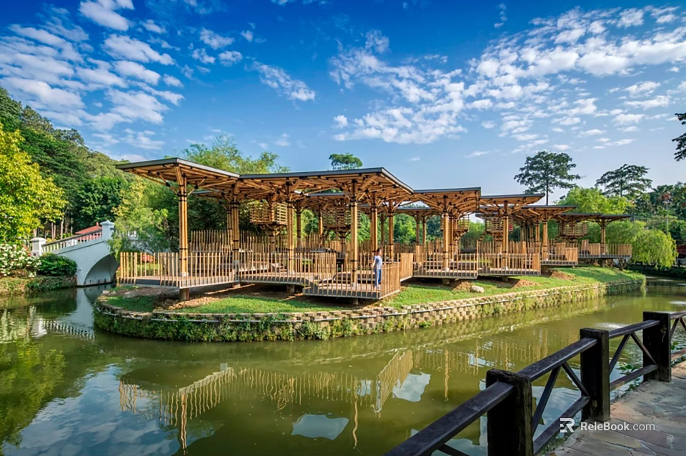 Wooden Pergola Structure Over Pond With Green Trees Grass And Blue Sky 3d model 