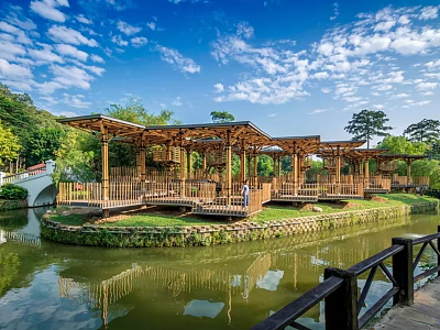 Wooden Pergola Structure Over Pond With Green Trees Grass And Blue Sky 3d model