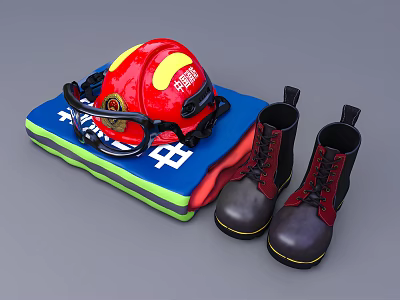 Red Firefighter Helmet With Goggles Mat Blanket And Fire Boots 3d model