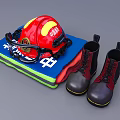 Red Firefighter Helmet With Goggles Mat Blanket And Fire Boots 3d model