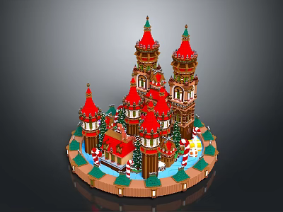 Festive Christmas Castle Model With Red Spires Towers Green Decorations Candies Snowflakes On Circular Base 3d model