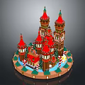 Festive Christmas Castle Model With Red Spires Towers Green Decorations Candies Snowflakes On Circular Base