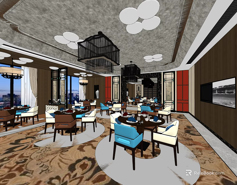 Elegant Restaurant Interior With Chandeliers Tables Chairs Patterned Carpet And City View Windows 3d model 