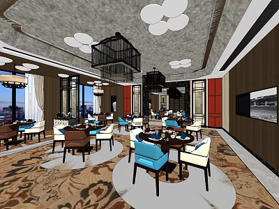 Elegant Restaurant Interior With Chandeliers Tables Chairs Patterned Carpet And City View Windows 3d model
