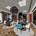 Elegant Restaurant Interior With Chandeliers Tables Chairs Patterned Carpet And City View Windows