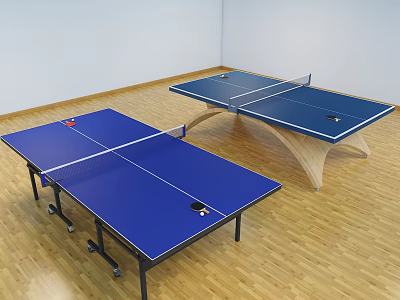 Sturdy Blue Ping Pong Tables With Wooden Frame In White Room Wooden Floor 3d model