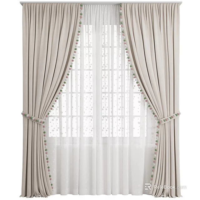 Beige Curtains with White Sheer Panels and Decorative Pom Pom Trim for Window 3d model 