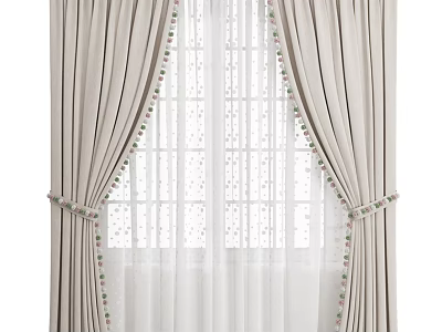 Beige Curtains with White Sheer Panels and Decorative Pom Pom Trim for Window 3d model