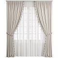 Beige Curtains with White Sheer Panels and Decorative Pom Pom Trim for Window