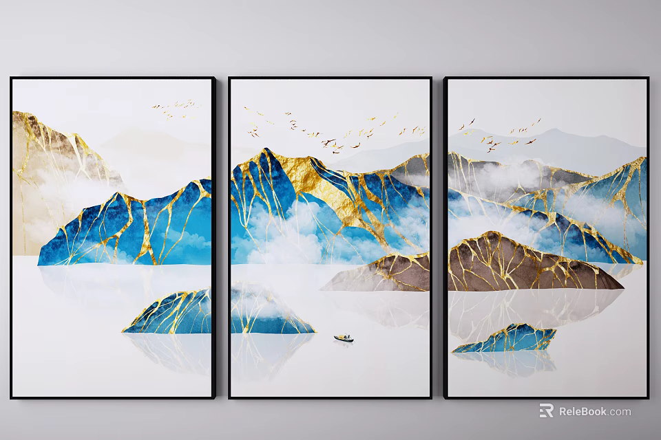 Triptych Decorative Wall Art With Blue Mountains Gold Accents Flying Birds And Water Reflection 3d model 