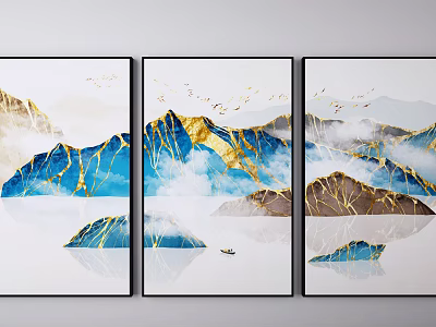 Triptych Decorative Wall Art With Blue Mountains Gold Accents Flying Birds And Water Reflection 3d model