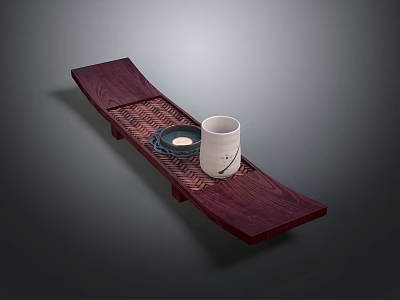 Dark Wooden Long Tray With Woven Texture Holding White Cup And Dark Plate 3d model