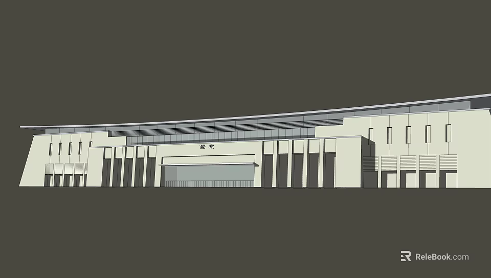 Modern Large Building Exterior With Horizontal Facade Glass Windows And Column Supports 3d model 