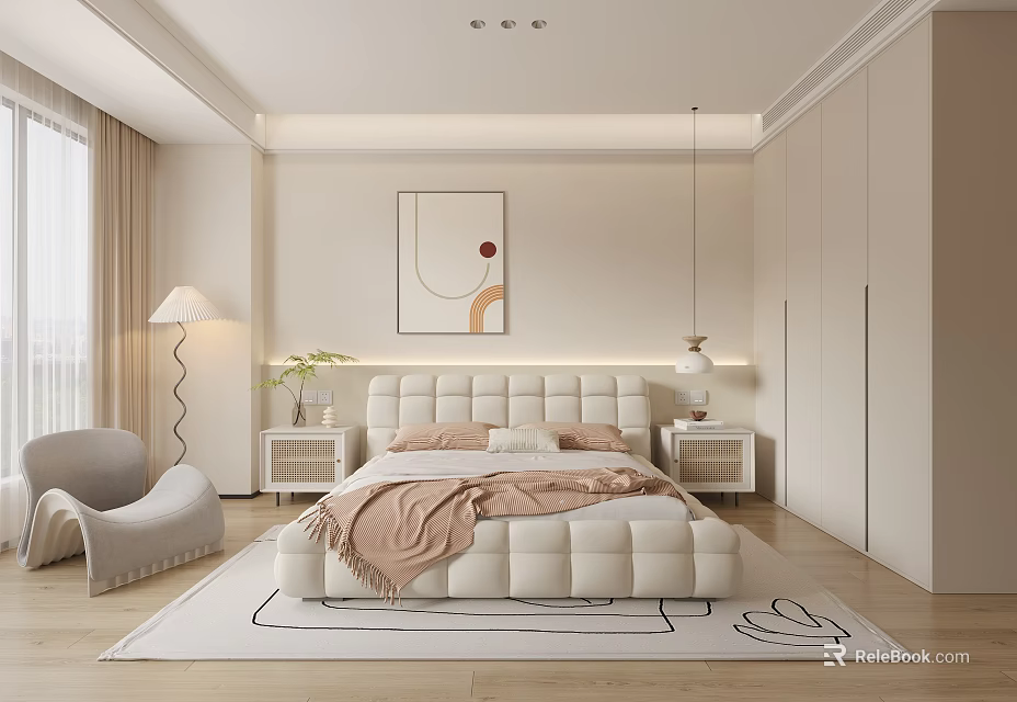 Modern Bedroom Interior with King Bed Nightstands Wardrobe Abstract Painting Floor Lamp and Neutral Rug 3d model 