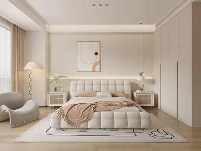 Modern Bedroom Interior with King Bed Nightstands Wardrobe Abstract Painting Floor Lamp and Neutral Rug 3d model