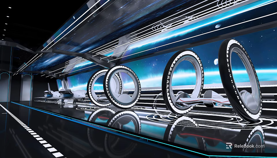Futuristic Tech Inspired Space With Circular Illuminated Structures Blue Lighting Reflective Floor And Seats 3d model 