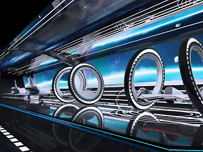 Futuristic Tech Inspired Space With Circular Illuminated Structures Blue Lighting Reflective Floor And Seats 3d model