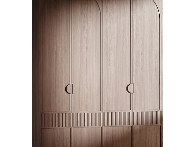 Contemporary Wooden Wardrobe Design With Arched Doors Round Handles And Natural Wood Surface 3d model