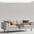 Modern White Two Seater Sofa With Yellow Checkered Gray Pillows And Gray Blanket 3d model